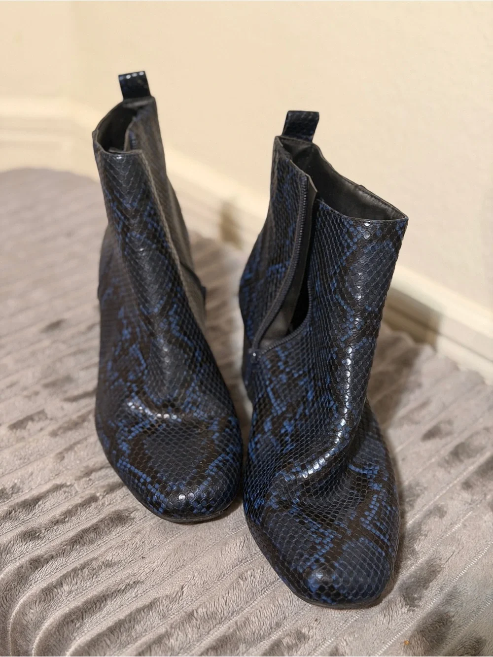 Time and Tru Black and Blue Snake-Print Ankle Boots